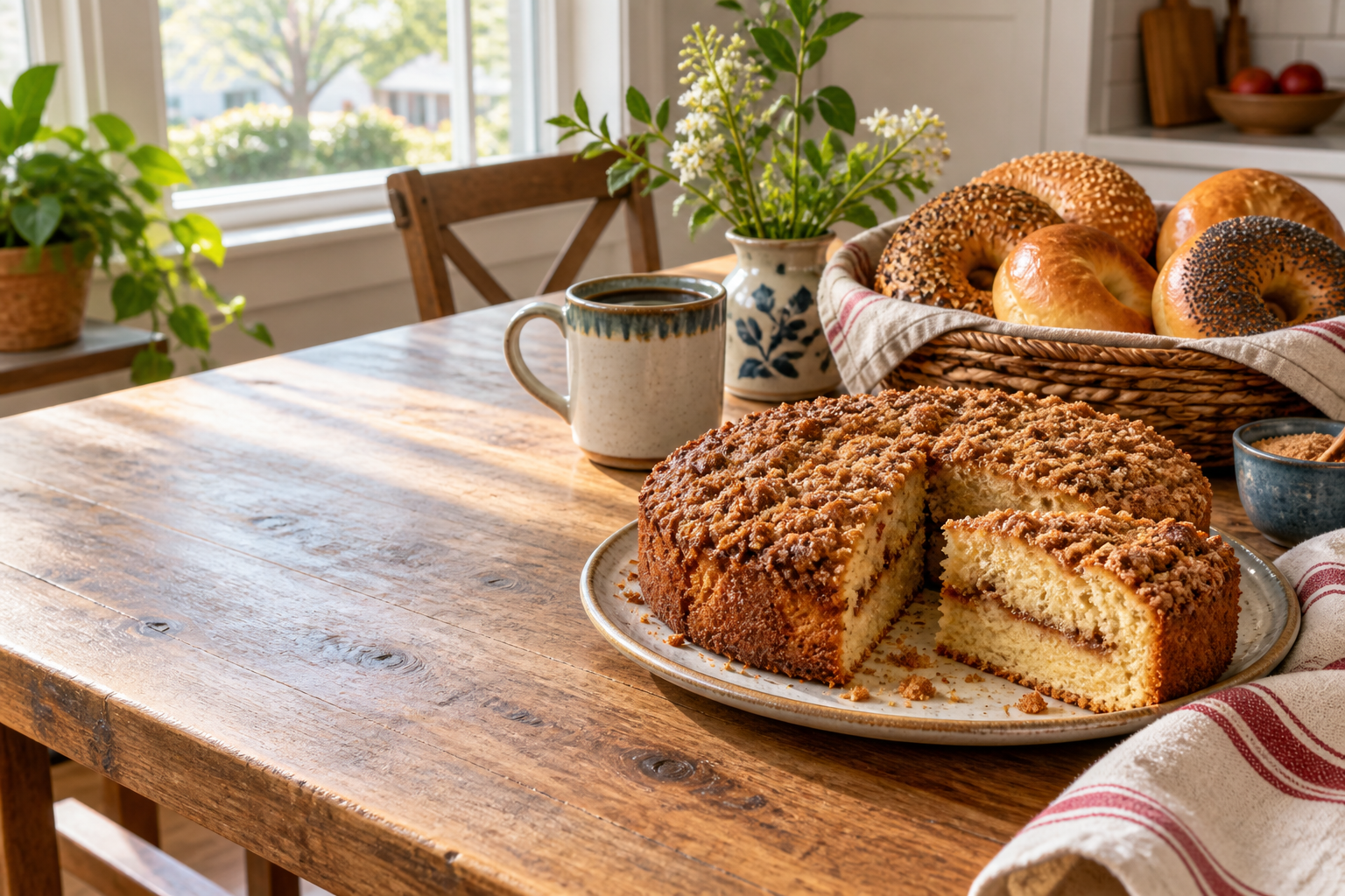 Coffee cake, bagels, and coffee on a warm kitchen table